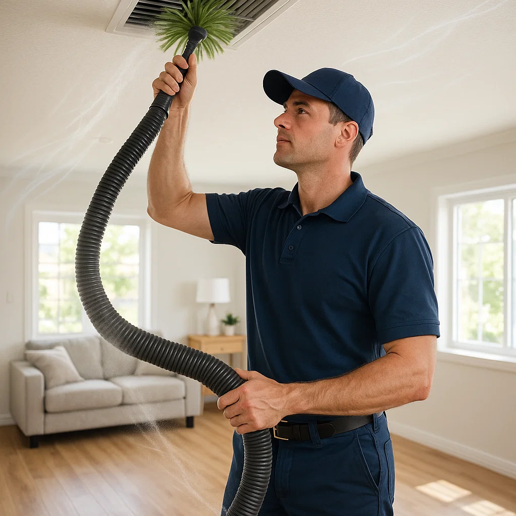 Fresno TX air duct repair technicians sealing leaks and testing airflow to improve HVAC efficiency and air quality