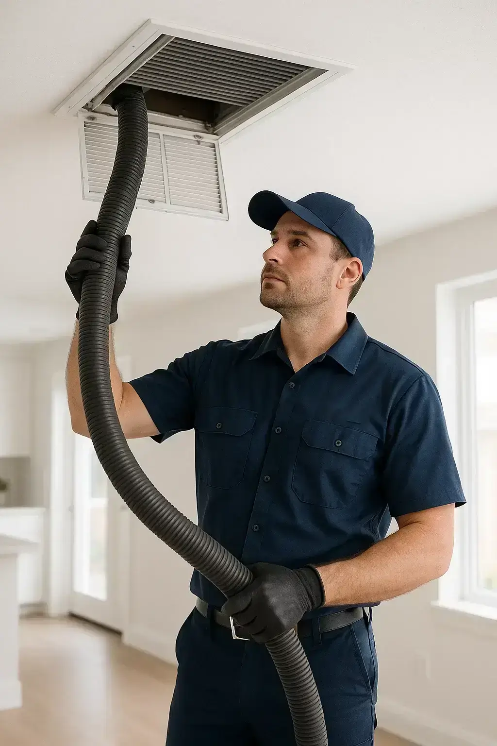 ProfessionalFresno TX Air Ducts Cleaning  technician cleaning an air vent inside a bright modern home